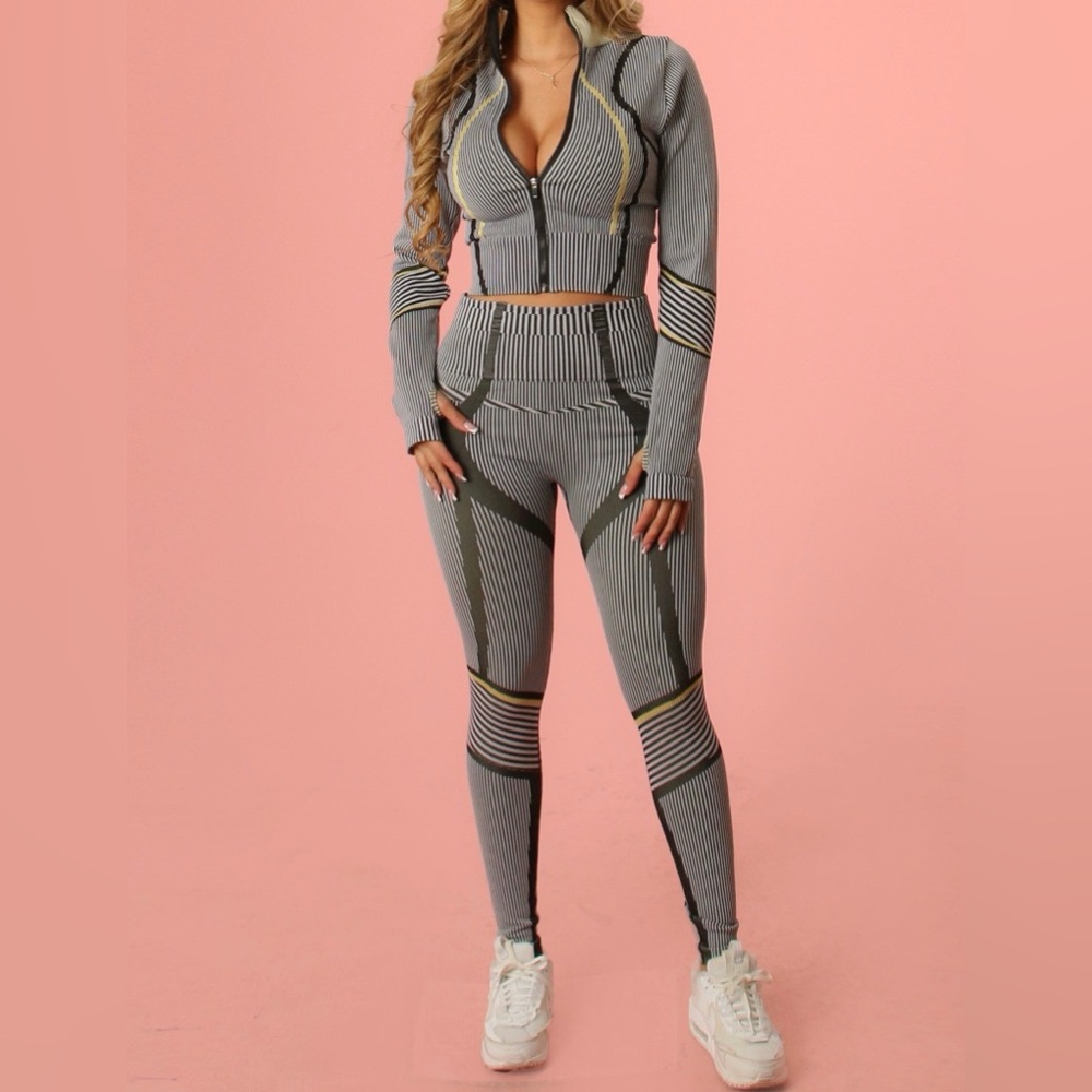 Gray and Black High-Waisted Active Set with Yellow Seam Details